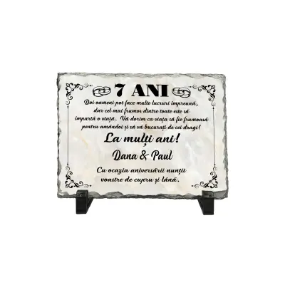 7 ani aniversare, piatra ardezie personalizata, cu mesaj model, pap004